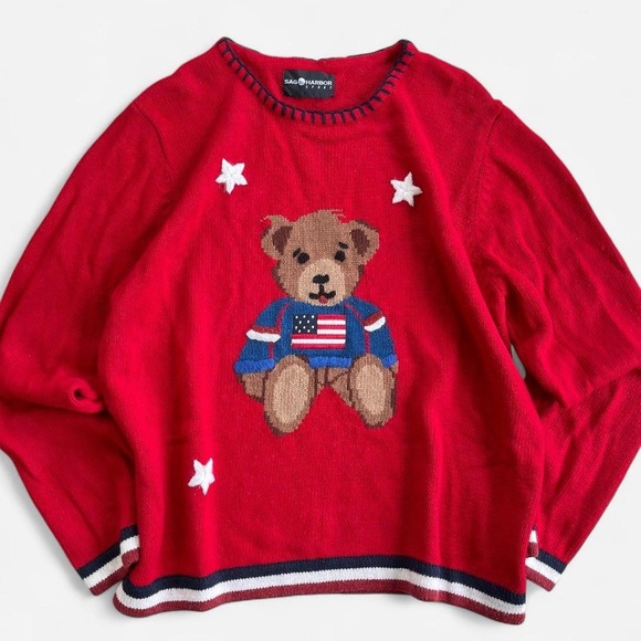 Sag Harbor Sweaters - Vintage Sag Harbor Sport Red Knit Teddy Bear & Stars American Flag Sweater